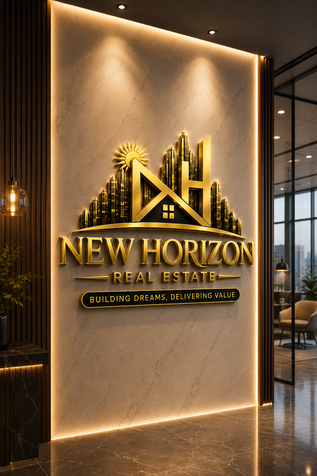New Horizon office logo wall
